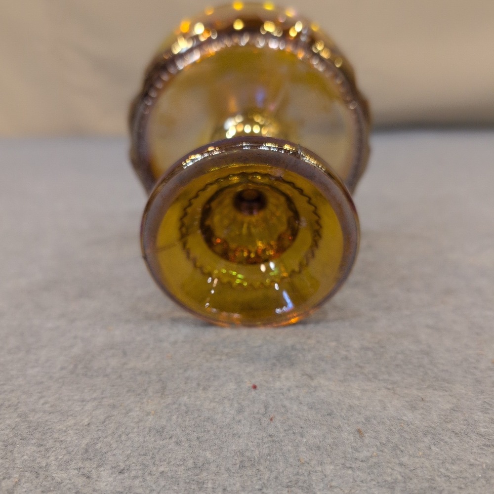 Vintage Indiana Glass Kings Crown Amber Carnival Glass Compote Iridescent Bowl - Picture 7 of 7